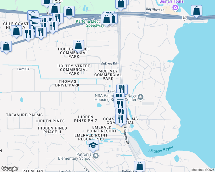 map of restaurants, bars, coffee shops, grocery stores, and more near 7308 Kingman Street in Panama City Beach