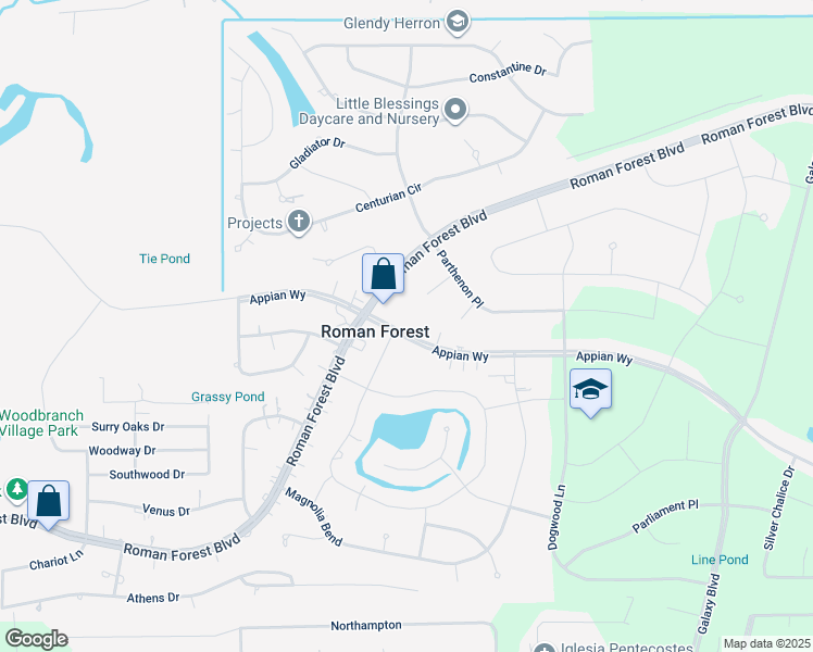 map of restaurants, bars, coffee shops, grocery stores, and more near 2507 Appian Way in New Caney