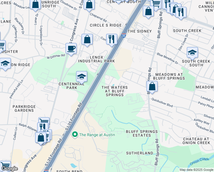 map of restaurants, bars, coffee shops, grocery stores, and more near 7719 South Interstate 35 Frontage Road in Austin