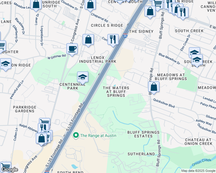 map of restaurants, bars, coffee shops, grocery stores, and more near 7719 South Interstate 35 Frontage Road in Austin