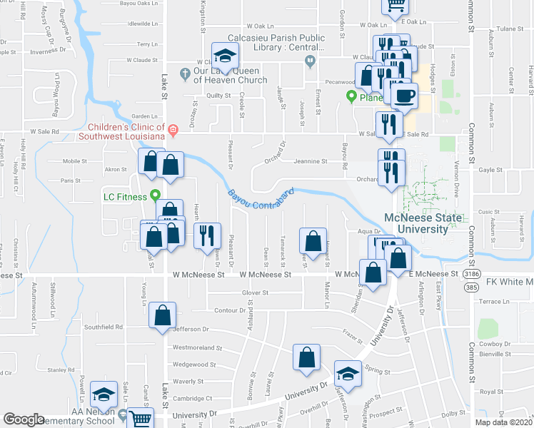 map of restaurants, bars, coffee shops, grocery stores, and more near 4301 Dean St in Lake Charles