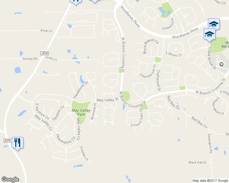 map of restaurants, bars, coffee shops, grocery stores, and more near 14 East Sage Creek Place in The Woodlands