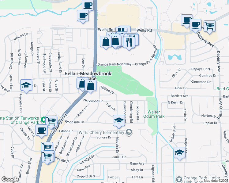 map of restaurants, bars, coffee shops, grocery stores, and more near 369 Hilltop Drive in Orange Park