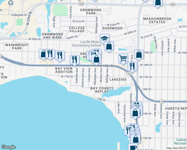map of restaurants, bars, coffee shops, grocery stores, and more near 3704 West 17th Street in Panama City