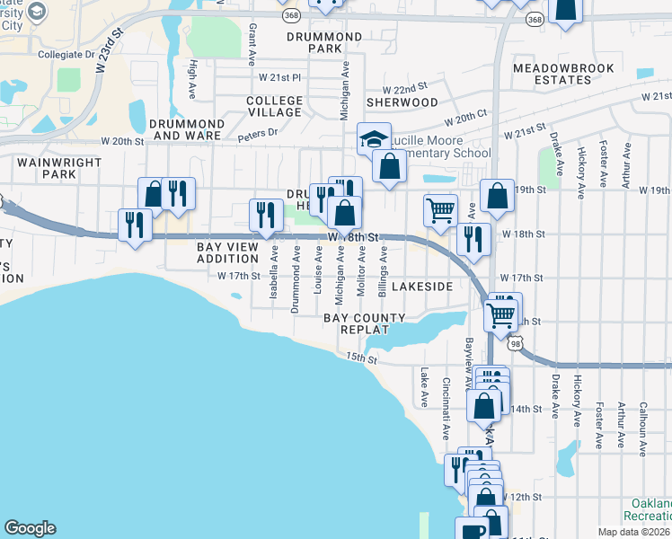 map of restaurants, bars, coffee shops, grocery stores, and more near 3700 West 17th Street in Panama City