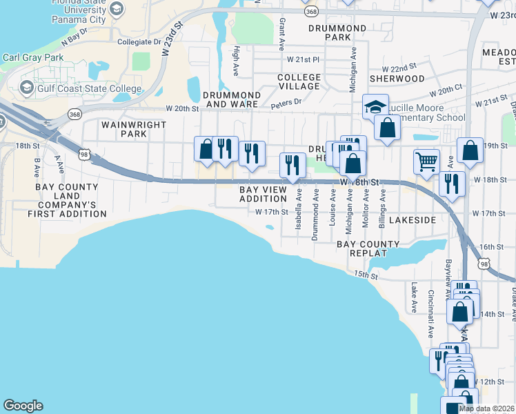 map of restaurants, bars, coffee shops, grocery stores, and more near 4112 West 17th Street in Panama City