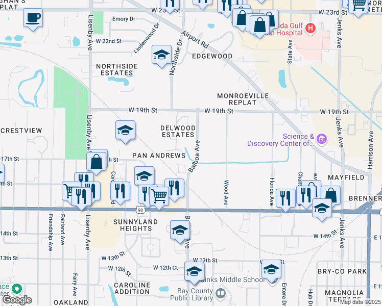 map of restaurants, bars, coffee shops, grocery stores, and more near 1711-1899 Balboa Ave in Panama City