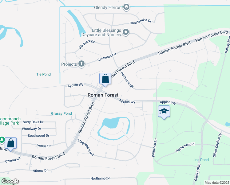 map of restaurants, bars, coffee shops, grocery stores, and more near 2507 Appian Way in New Caney