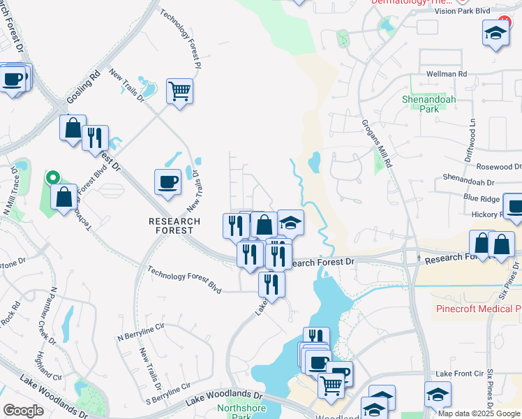 map of restaurants, bars, coffee shops, grocery stores, and more near 8900 Research Park Drive in Spring