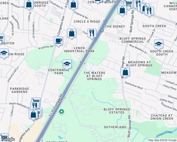 map of restaurants, bars, coffee shops, grocery stores, and more near 7719 South Interstate 35 Frontage Road in Austin