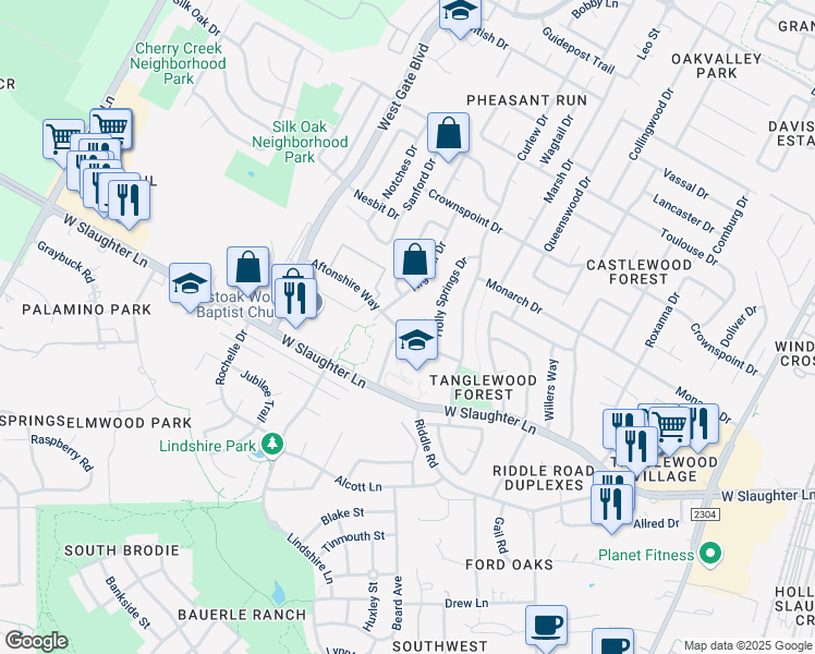 map of restaurants, bars, coffee shops, grocery stores, and more near 9805 Nightjar Drive in Austin