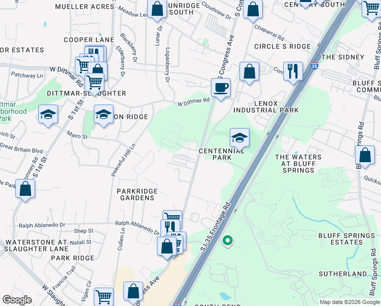 map of restaurants, bars, coffee shops, grocery stores, and more near 7900 South Congress Avenue in Austin