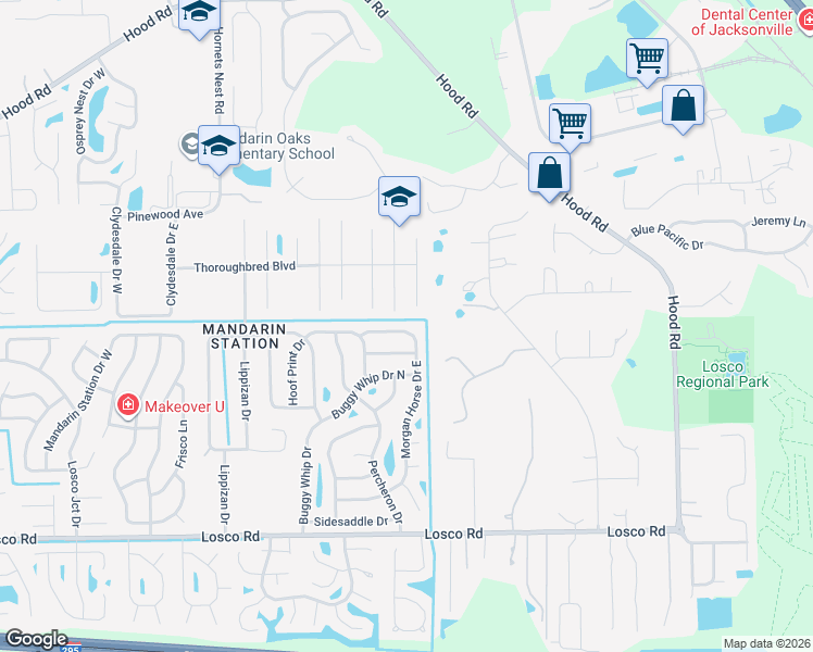 map of restaurants, bars, coffee shops, grocery stores, and more near 10770 Gelding Drive in Jacksonville