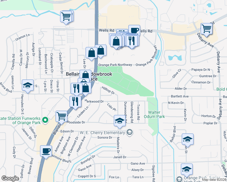 map of restaurants, bars, coffee shops, grocery stores, and more near 369 Hilltop Drive in Orange Park