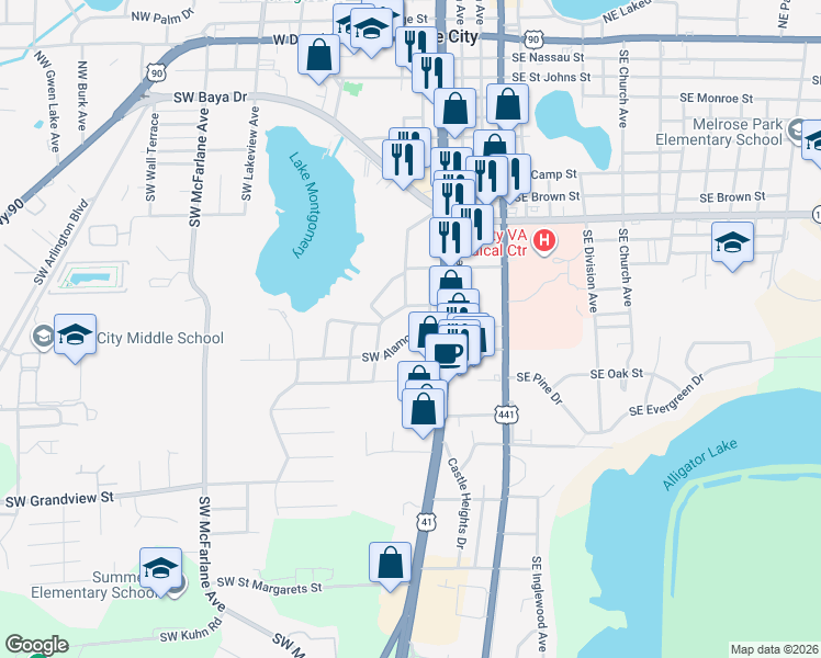 map of restaurants, bars, coffee shops, grocery stores, and more near 442 Southwest Alamo Drive in Lake City