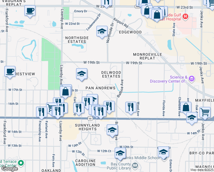 map of restaurants, bars, coffee shops, grocery stores, and more near 1025 19th Street in Panama City