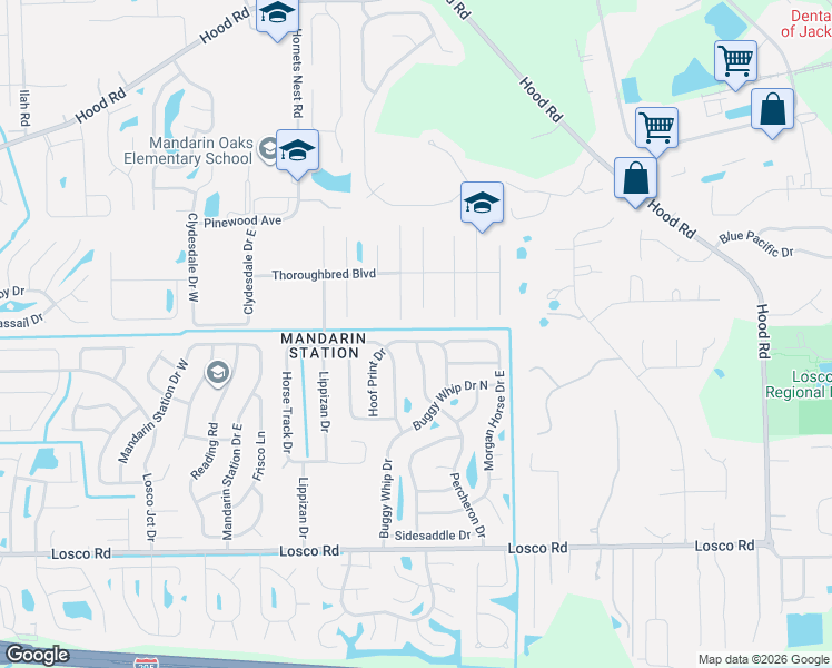 map of restaurants, bars, coffee shops, grocery stores, and more near 10778 Spurs Court in Jacksonville