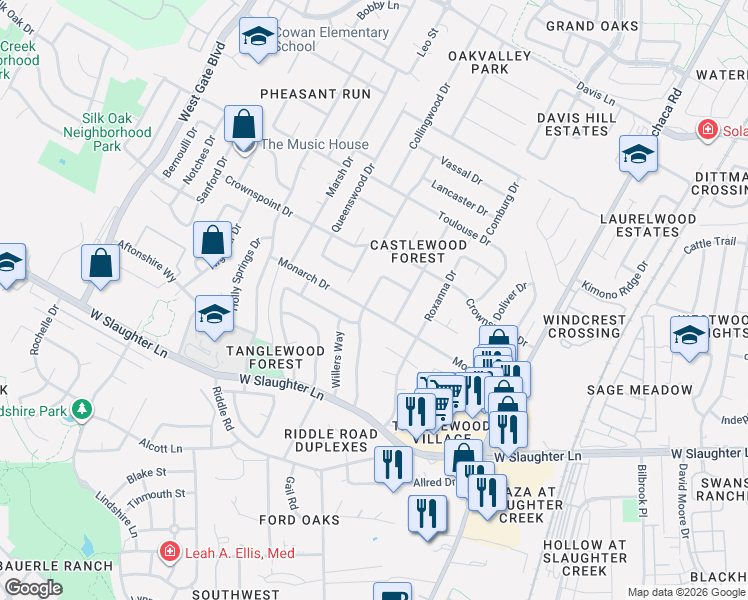 map of restaurants, bars, coffee shops, grocery stores, and more near 9502 Woodshire Drive in Austin