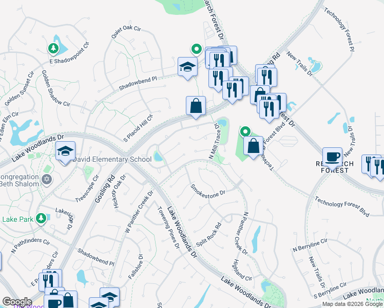 map of restaurants, bars, coffee shops, grocery stores, and more near 7 Spotted Fawn Court in Spring