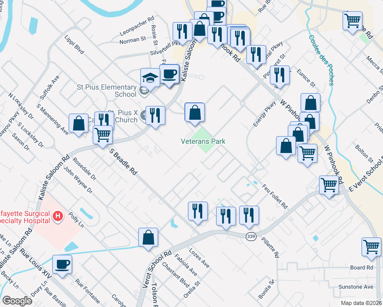 map of restaurants, bars, coffee shops, grocery stores, and more near 108 East Shamrock Drive in Lafayette