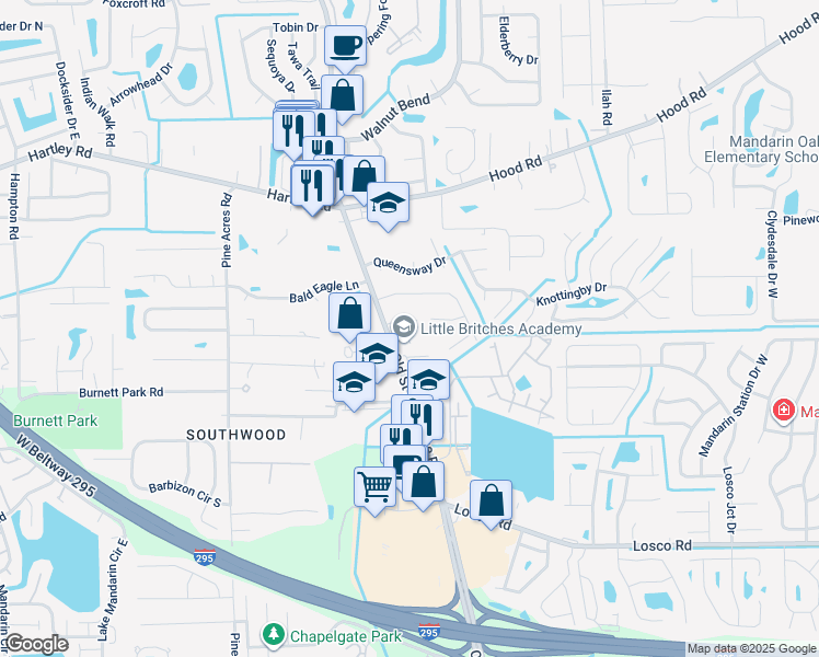 map of restaurants, bars, coffee shops, grocery stores, and more near 4234 Winderpark Court in Jacksonville