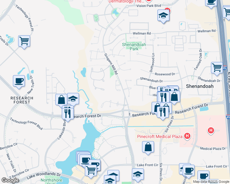 map of restaurants, bars, coffee shops, grocery stores, and more near 27 Cobble Gate Place in Spring