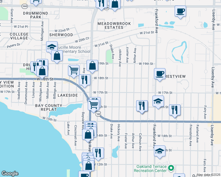 map of restaurants, bars, coffee shops, grocery stores, and more near 1703 Drake Avenue in Panama City