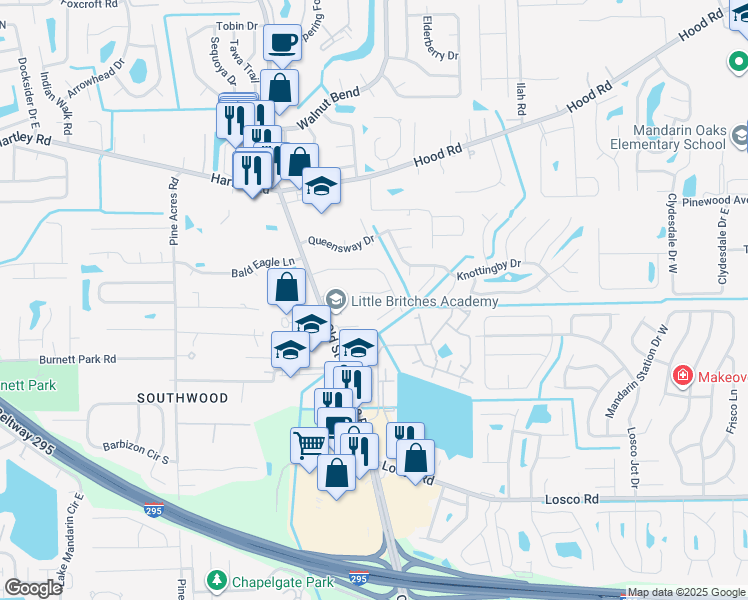 map of restaurants, bars, coffee shops, grocery stores, and more near 4441 Windergate Court in Jacksonville