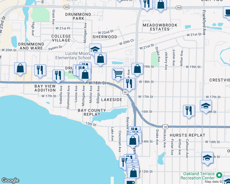map of restaurants, bars, coffee shops, grocery stores, and more near 3201 U.S. 98 in Panama City
