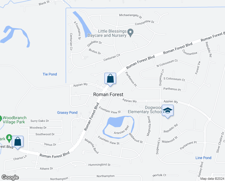 map of restaurants, bars, coffee shops, grocery stores, and more near 2507 Appian Way in New Caney