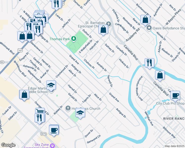 map of restaurants, bars, coffee shops, grocery stores, and more near 416 Chateau Place in Lafayette