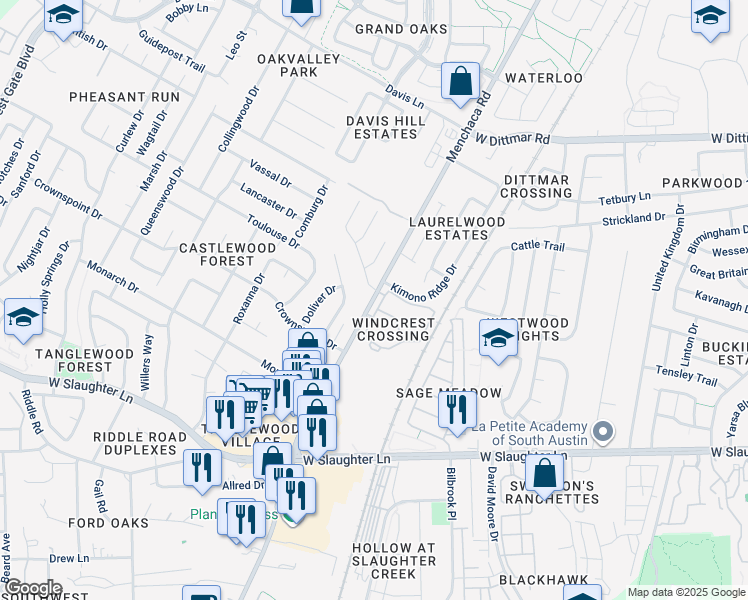 map of restaurants, bars, coffee shops, grocery stores, and more near 9330 Manchaca Road in Austin