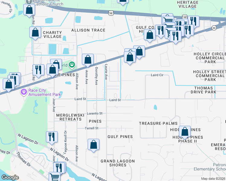 map of restaurants, bars, coffee shops, grocery stores, and more near 2309 Laurie Avenue in Panama City