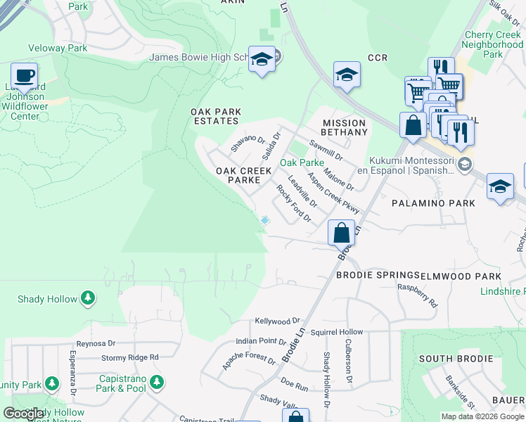 map of restaurants, bars, coffee shops, grocery stores, and more near 3733 Whitt Loop in Austin