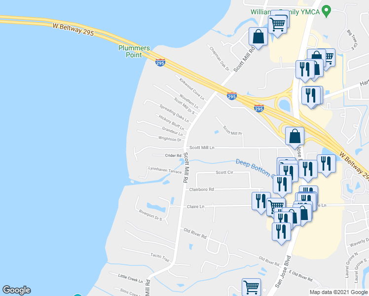 map of restaurants, bars, coffee shops, grocery stores, and more near Scott Mill Rd & Scott Mill Ln in Jacksonville