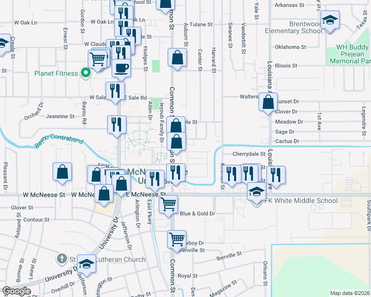 map of restaurants, bars, coffee shops, grocery stores, and more near 612 College Manor Drive in Lake Charles