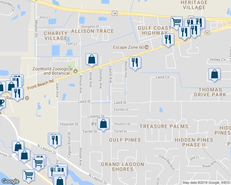 map of restaurants, bars, coffee shops, grocery stores, and more near 8635 Marlin Place in Panama City