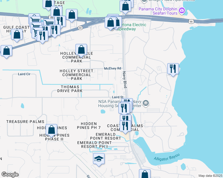 map of restaurants, bars, coffee shops, grocery stores, and more near 7308 Kingman Street in Panama City Beach