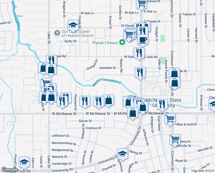 map of restaurants, bars, coffee shops, grocery stores, and more near 4307 Sarver St in Lake Charles