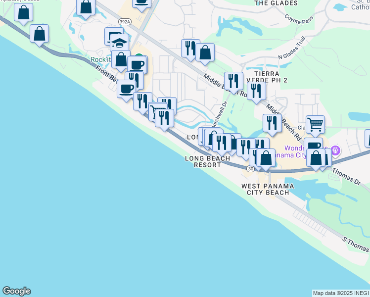 map of restaurants, bars, coffee shops, grocery stores, and more near 10713 Front Beach Road in Panama City Beach