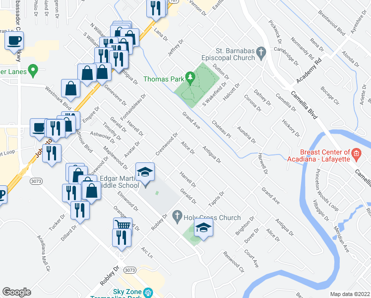 map of restaurants, bars, coffee shops, grocery stores, and more near 408 Alice Drive in Lafayette