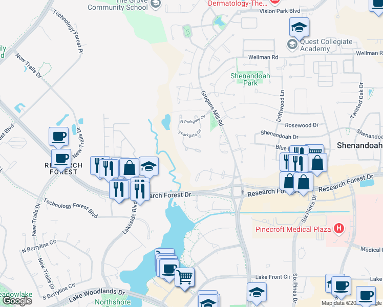 map of restaurants, bars, coffee shops, grocery stores, and more near 62 Pine Brook Court in Shenandoah