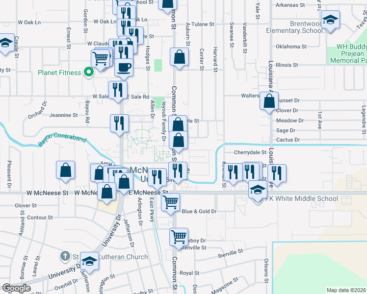map of restaurants, bars, coffee shops, grocery stores, and more near 612 College Manor Drive in Lake Charles