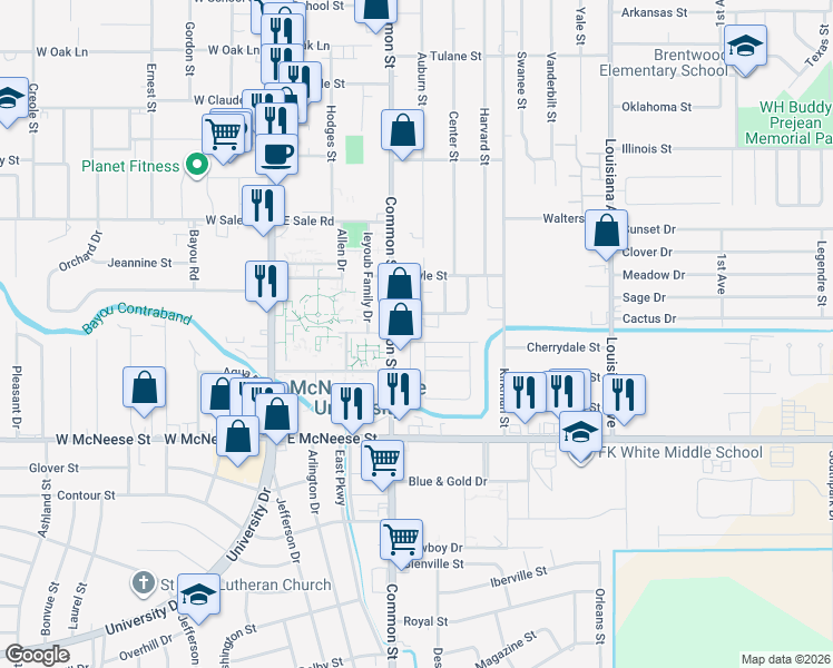 map of restaurants, bars, coffee shops, grocery stores, and more near 612 College Manor Drive in Lake Charles