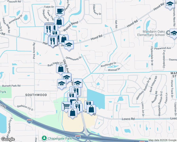 map of restaurants, bars, coffee shops, grocery stores, and more near 4441 Windergate Court in Jacksonville