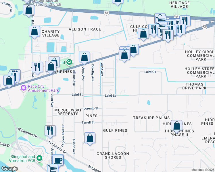map of restaurants, bars, coffee shops, grocery stores, and more near 2309 Laurie Avenue in Panama City