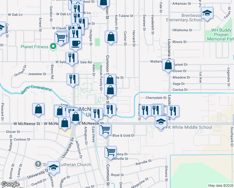 map of restaurants, bars, coffee shops, grocery stores, and more near 612 College Manor Drive in Lake Charles