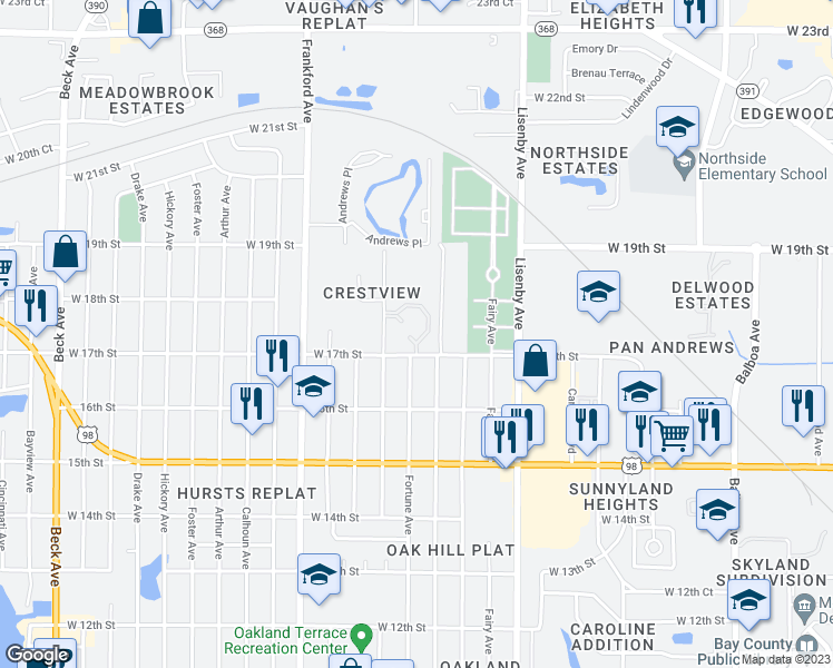 map of restaurants, bars, coffee shops, grocery stores, and more near 1722 West 17th Street in Panama City