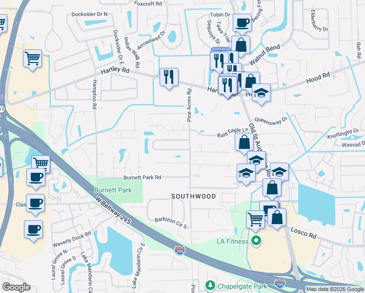 map of restaurants, bars, coffee shops, grocery stores, and more near 10821 Pine Acres Road in Jacksonville