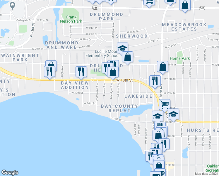 map of restaurants, bars, coffee shops, grocery stores, and more near 1708 Michigan Avenue in Panama City